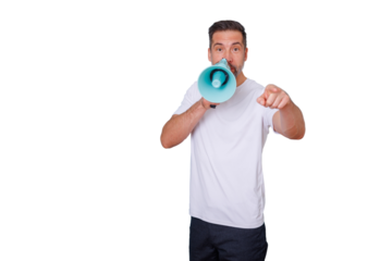Man announcing with megaphone and pointing finger, demanding attention and communicating important message, transparent background