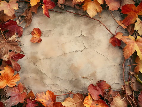 秋の落ち葉で縁取られたフレーム構成、文字を入れる余白のあるデザイン