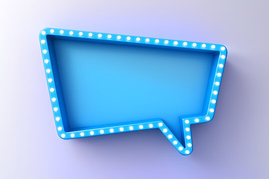 Blue speech bubble marquee sign with glowing white light bulbs on a light blue wall background with copy space for digital marketing mockup - Powered by Adobe