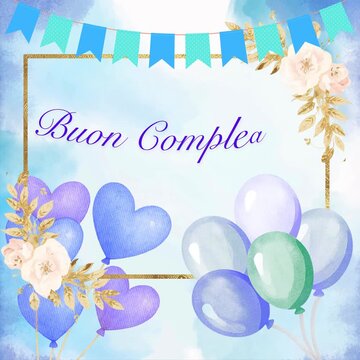 Buon compleanno; disegno animato di auguri ad acquerello blu & viola