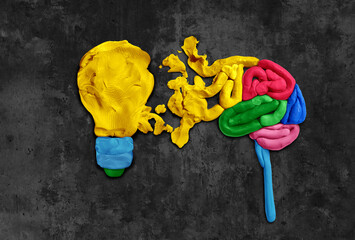 Creative Brain Symbol and neuroplasticity education idea as a symbol of  new ideas and creativity through arts and crafts or inspiration icon as modeling clay with a light bulb.