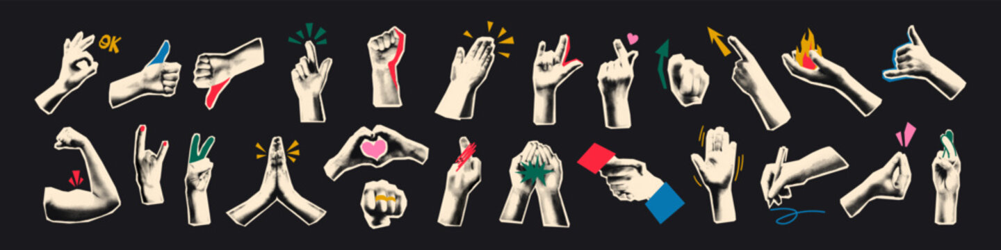 Trendy halftone elements set for collage and scrapbook. Cut out from magazine hand emoji gestures collection. Hands signs grunge punk dotted stickers with doodles Modern retro vector illustration