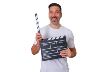 Man director holding a clapperboard with a happy expression, suggesting a start to filming. Transparent background