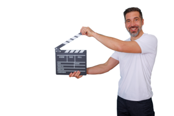 Happy film director or producer holding a clapperboard. Concept of cinema, filmmaking, and video production on transparent background