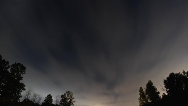 All night panoramic time lapse, stunning clouds sweeping through, then settling in a foggy meadow, with amazing back-lit ground fog undulating and changing over several hours, until dawn arrives.
