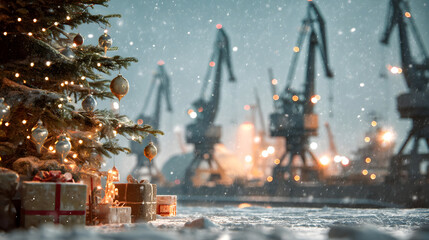 Christmas tree with gifts on snowy shipyard dock, cranes and ships in background, snowfall and sun.