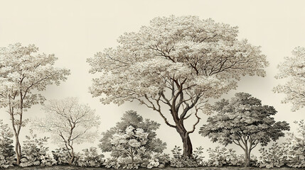 Peaceful illustration of various trees with detailed foliage against light background.