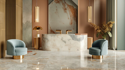 Young woman sitting on the floor near a chair against a wall in a stylish interior room