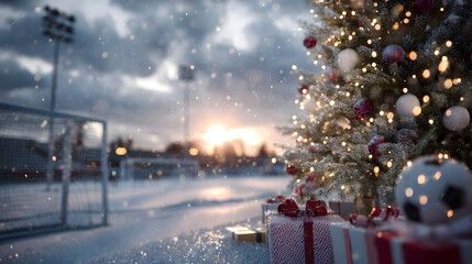 Christmas tree closeup with gifts on snowy soccer field, goal in background, snowfall and sun. Concept of resting soccer field during Christmas time.