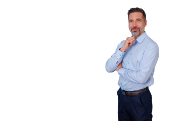 Confident businessman posing with hand on chin, smiling, thinking, and looking at camera with transparent background