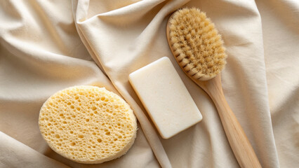 Self care visual routine. Spa bath tools on beige fabric include sponge, soap, and brush for relaxation