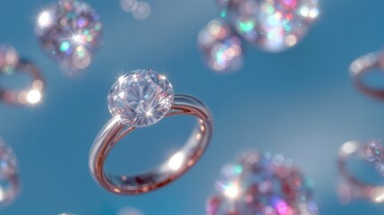 Elegant diamond engagement ring floating among sparkling crystals on a soft blue background, symbolizing luxury, romance, commitment, and timeless jewelry design.