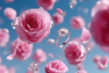 Diamond engagement ring floating among soft pink roses and sparkling bubbles, creating a romantic, dreamy luxury scene symbolizing love, commitment, elegance, and timeless beauty.