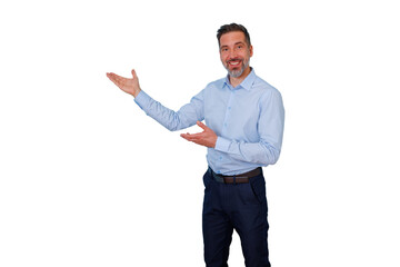 Smiling businessman presenting product or service with open arms, showing and explaining to copy space, transparent background