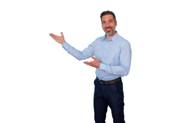 Smiling businessman presenting product or service with open arms, showing and explaining to copy space, transparent background