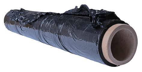 Black foil wrapped around a paper roll for packaging items. Isolated background.