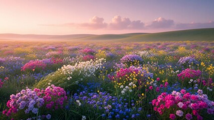 Fototapeta premium Vibrant Wildflower Field at Sunrise with Rolling Hills