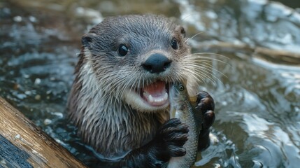 Obraz premium An otter holds a fish in its mouth while swimming in water. The animal appears active and focused on its catch. The scene shows its natural behavior in a habitat environment.
