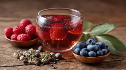 A glass of drink filled with raspberries sits on a wooden table. Bowls hold fresh blueberries and herbs nearby. Sunlight shines on the scene highlighting the fresh fruits.