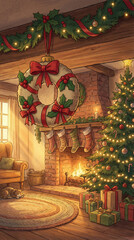 Fototapeta premium Cozy Christmas living room scene with a fireplace, decorated tree, and sleeping cat