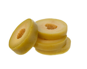 Green olives cut isolated on white background