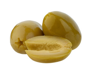 Green olives cut isolated on white background