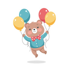 Happy cute teddy bear with colorful balloons. Festive illustration. Birthday card.