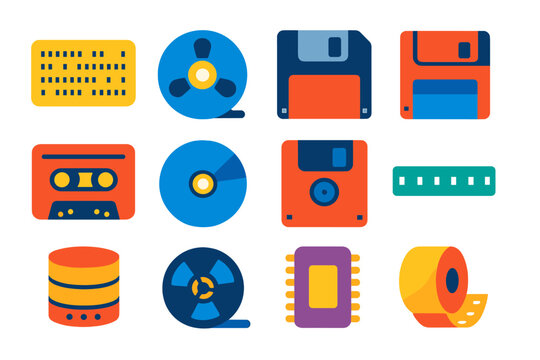 Data Storage Icons. Flat vector icons of Data Storage History: punch card, tape reel, floppy disk, hard drive platter, cassette