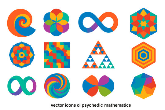 Psychedelic Math Icons. Flat vector icons of Psychedelic Mathematics: fractal spiral, sacred geometry flower, infinity loop,