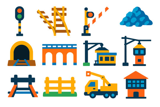 Railway Infrastructure Icons. Flat vector icons of Railway Infrastructure: signal post, track switch, level crossing gate, ballast
