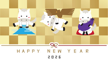 HAPPY NEW YEAR　年賀状2026　初夢白馬　1富士2鷹3茄子　金屏風
