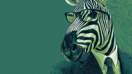 Obraz premium A zebra with a human body wearing a suit and glasses, set against a teal and green background