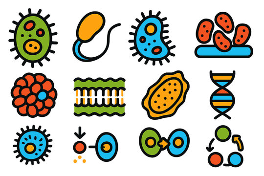 Extraterrestrial Microbial Icons. Flat vector icons of extraterrestrial microbial life: single-celled organism, flagellum, cilia,