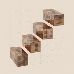  Whimsical visual concept showing a block staircase with plaid, enclosed in a soft grid-based spatial frame.