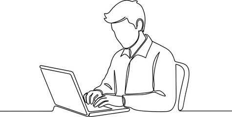 Businessman working on laptop computer in office setting, simple line drawing illustration