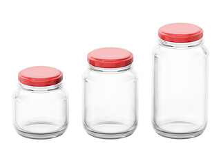 Empty glass jars with red lids isolated on transparent background. 3D illustration