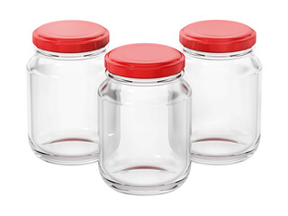 Empty glass jars with red lids isolated on transparent background. 3D illustration