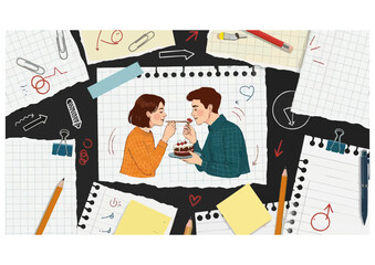 Cartoon cupcake with pink frosting and sprinkles on light blue background for dessert concept