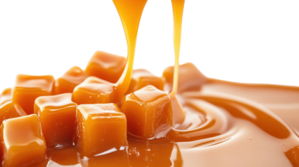 A caramel sauce drips down a white background