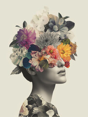 A woman from shoulders up, her face adorned with exquisite flowers