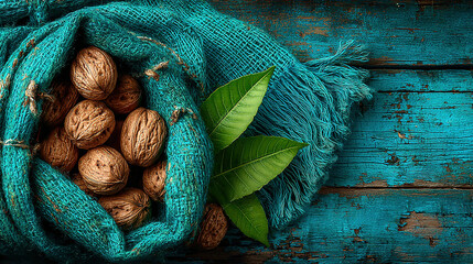 Walnuts in a blue cloth on a rustic wooden surface with green leaves.