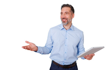 Mature businessman presenting and gesturing with digital tablet, smiling, explaining a concept on transparent background