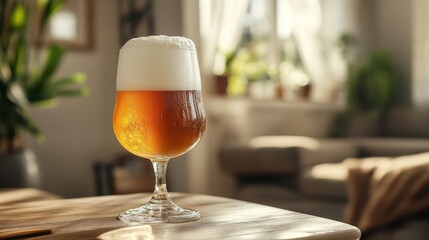 A glass of foamy drink on a wooden table in a cosy setting will emphasise the homely comfort and become the main backdrop for advertising craft drinks.