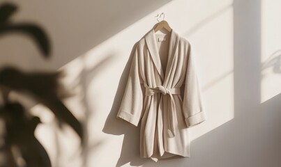 Minimalist robe in soft neutral tones hanging on a clean white wall, soft diffused light creating subtle shadows, cozy and elegant homewear concept, sharp details,