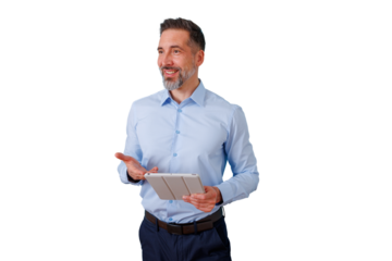 Mature businessman standing, holding a tablet, smiling and gesturing, engaged in professional presentation or discussion. Transparent background