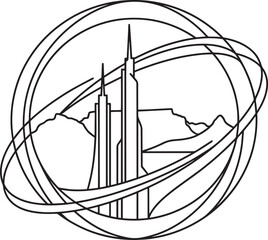 Abstract city skyline vector illustration with futuristic buildings and swirling lines design