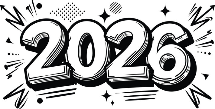 2026 New Year Comic Book Style Vector Text Illustration, Hand Drawn Pop Art Lettering, Doodle Number Design