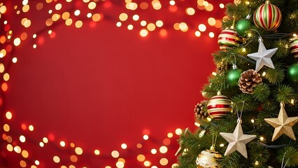 Festive christmas tree decorations with copy space on a vibrant red background.