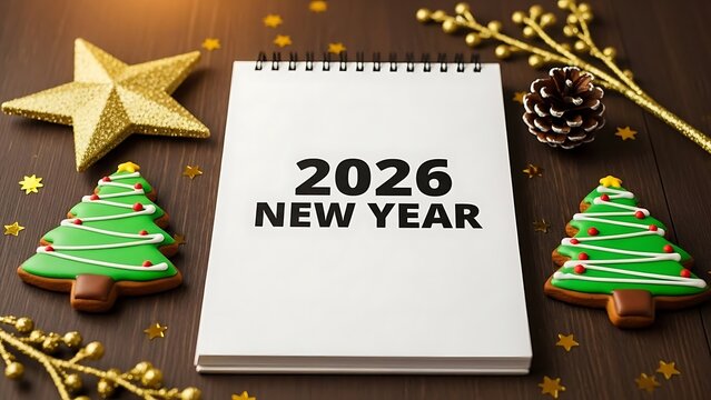 A festive new year 2026 composition featuring a notepad and christmas decorations on a dark wood surface - Powered by Adobe