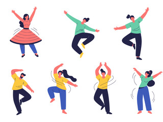 Set of diverse people dancing and jumping with joy and energy, flat vector illustrations